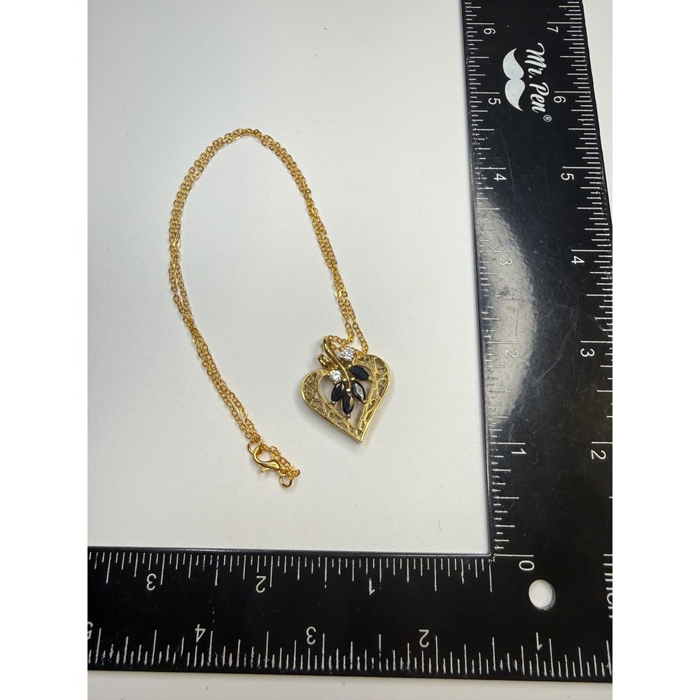 Gold Tone Filigree Heart Pendant Necklace Black Marquise Stones Clear Accents